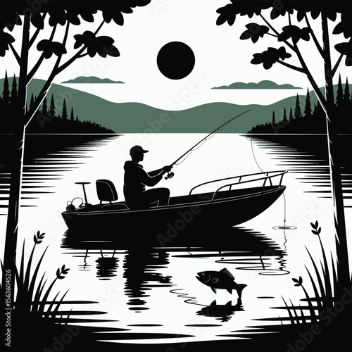 Silhouette of a Fisherman in a Boat Fishing on a Lake with Trees and Mountains
