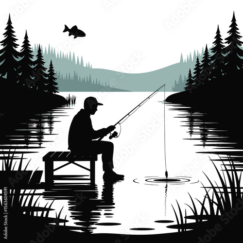 Silhouette of a Man Fishing on a Lake with Trees and a Fish