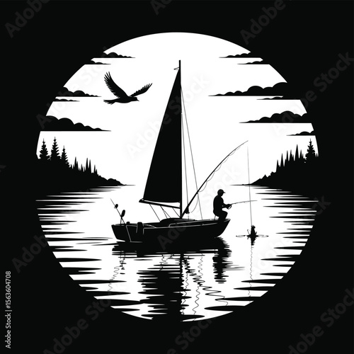Silhouette of a sailboat with a fisherman fishing on the water with a bird flying