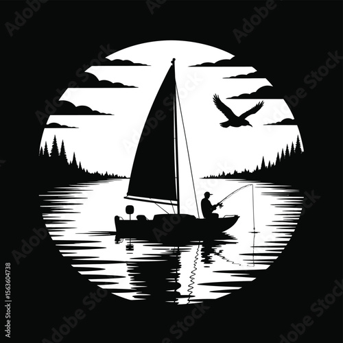 Silhouette of a sailboat with a fisherman on the water with a flying bird and trees