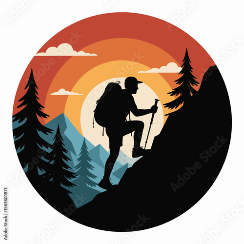 Silhouette of hiker climbing mountain with backpack and trekking pole against sunset backdrop