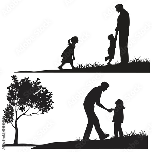 Black Silhouettes Family Father Mother Child Outdoor Scenes
