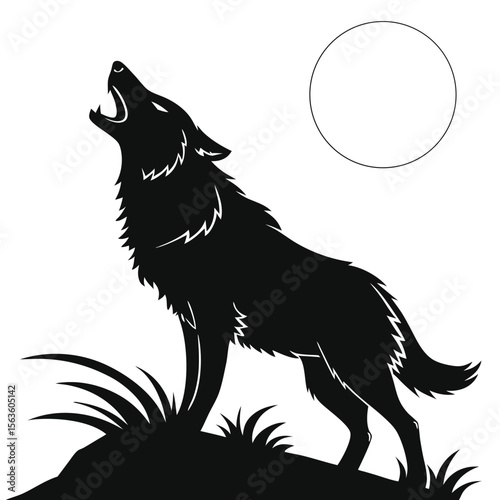 Black Wolf Silhouette Howling on Rock Under Full Moon 1