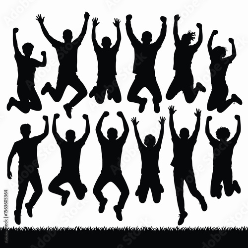 Silhouettes of diverse people jumping with arms raised above grass line