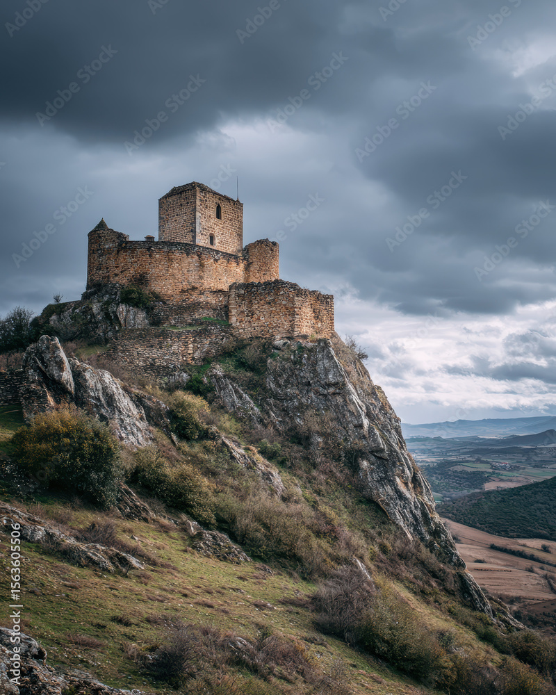 Medieval stone castle on hilltop under a cloudy sky wide landscape Medieval stone castle on hilltop under a cloudy sky wide landscape