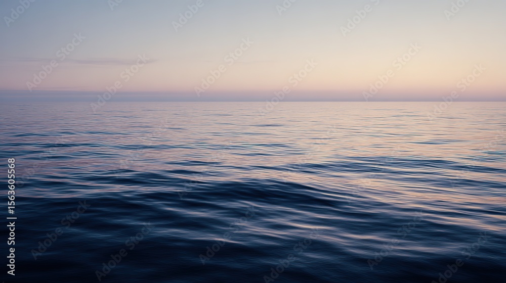 Obraz premium Vast ocean meeting sky at the horizon creates endless vistas, bathed in soft light with gentle ripples on water, evoking serenity through minimalist composition focused on depth and natural beauty.