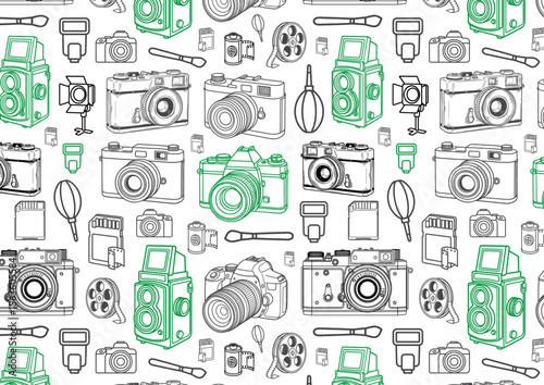 Seamless high res vector pattern of outlined camera, gear or tools