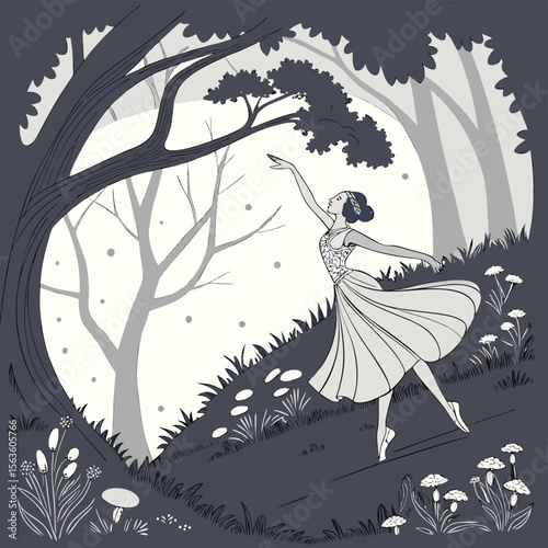 Grey Scale Fairy Dancing Moonlit Forest Night vector