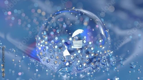 High-detail close-up of cosmetic molecule inside a shimmering liquid bubble rotating gently, blue color palette and futuristic particle effects in background