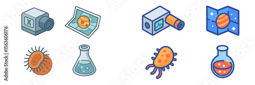 Illustrations of scientific equipment and microorganisms exploring the universe and study of planets