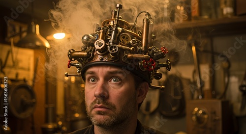 Steampunk contraption adorns a man's head, emitting steam in a dimly lit workshop. His expression is one of bewildered curiosity.