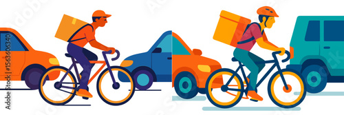 Bicycle delivery in urban traffic with colorful cars during daytime