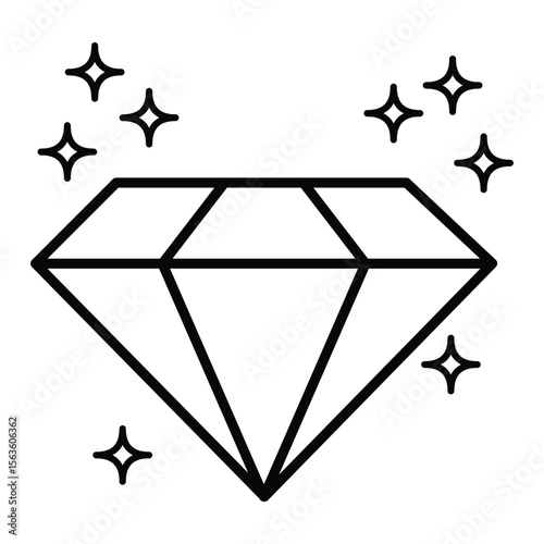 Diamond jewel gem crystal sparkle luxury brilliance shape outline minimal line art icon vector illustration for premium design.