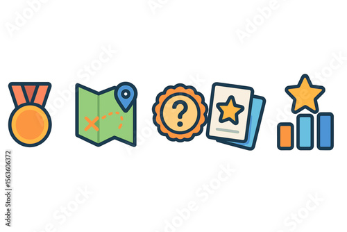 Badges, maps, quiz cards, and charts symbolizing achievements and activities in a gamified learning environment for students