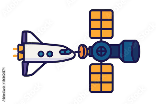 Spacecraft docks with a futuristic space station in low Earth orbit during a clear day