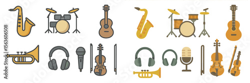 Musical instruments arranged artistically showcasing various genres and styles of music on a white background