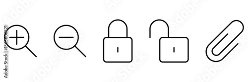 Zoom, lock-unlock, attach icon set vector illustration in minimal outline style for interface UI symbol search secure file access design.