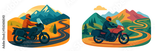 Scenic motorcycle ride through mountainous terrain with vibrant landscapes at sunset