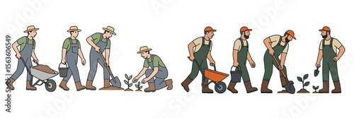 Gardeners planting and caring for young plants in a community garden on a sunny day