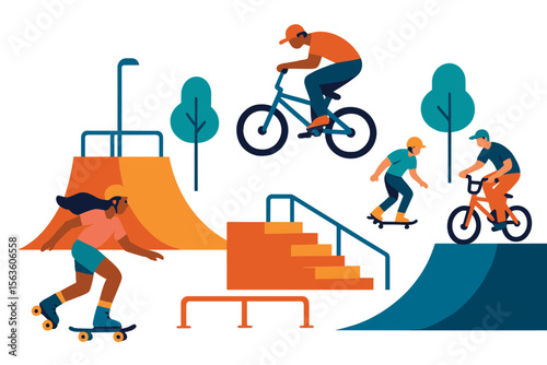 Dynamic sports activity in a park with various athletes performing tricks on skateboards and bicycles