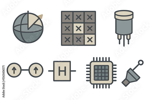 Collection of industrial and technological icons illustrating various electronic and engineering concepts