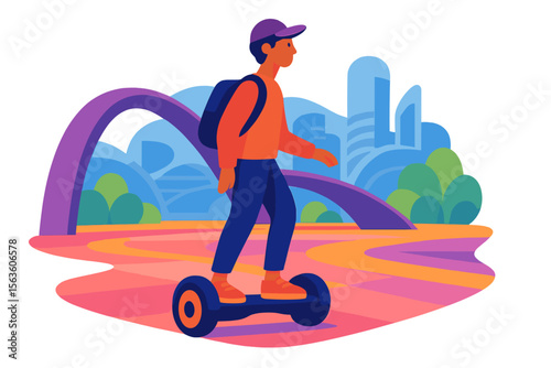 Person riding a hoverboard in a colorful urban park with modern buildings and greenery during daytime
