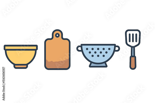 Kitchen utensils arranged in a sequence on a countertop with a focus on meal preparation tools