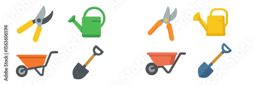 Gardening tools arranged in various colors and forms for landscaping and plant care activities