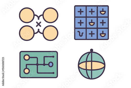 Abstract illustrations depicting mathematical and scientific concepts in a creative arrangement on a light background
