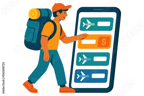 Traveler using smartphone to book flight while carrying backpack, illustrating modern travel planning