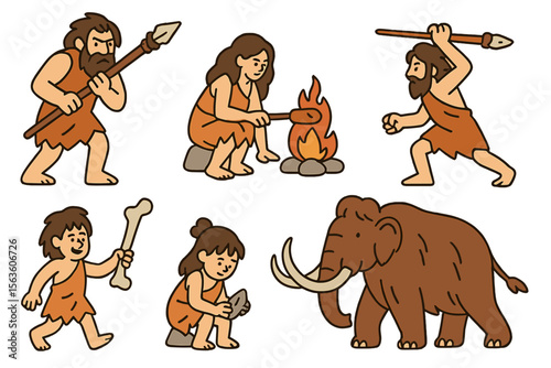 Prehistoric people engaged in daily activities and interactions with a mammoth in a stone age setting