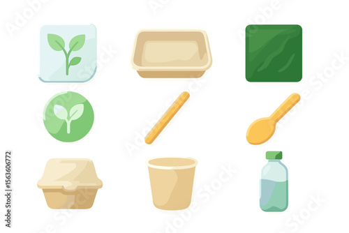 Collection of illustrated eco-friendly items and plant symbols representing sustainable living practice
