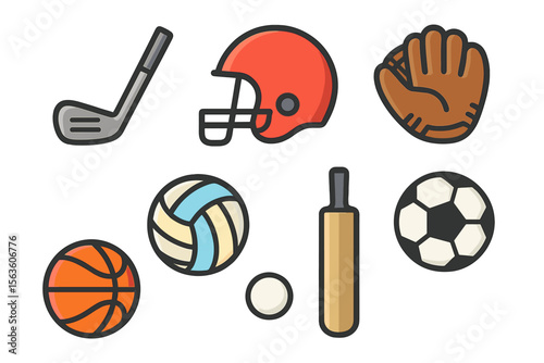 Collection of sports equipment including hockey stick, football helmet, cricket bat, and various balls displayed on a white background