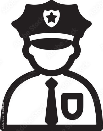Black and white icon of a police officer wearing a cap and tie law enforcement security