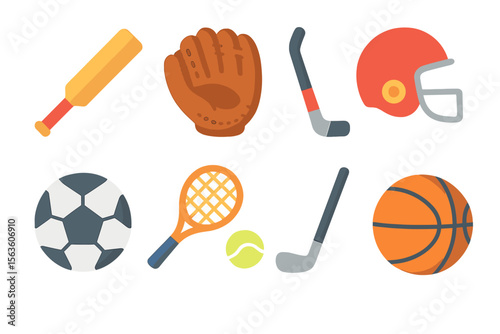 Collection of sports equipment featuring baseball bat, gloves, hockey stick, helmet, soccer ball, tennis racket, golf club, and basketball