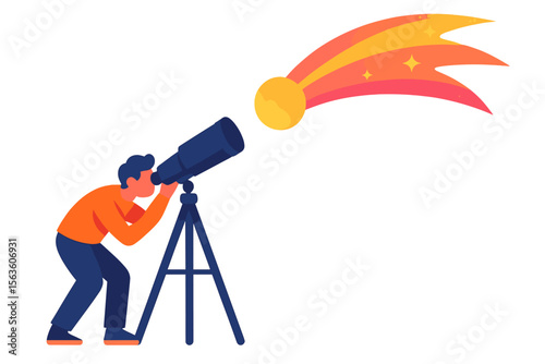 Person observing a comet through a telescope at night in a clear sky
