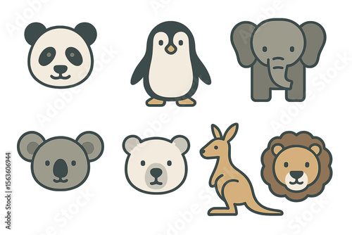 Colorful cartoon animal faces featuring panda, penguin, elephant, koala, polar bear, kangaroo, and lion in a playful style