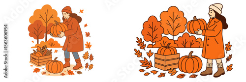 Woman in orange coat collects pumpkins in autumn landscape with colorful trees and fallen leaves during the harvest season