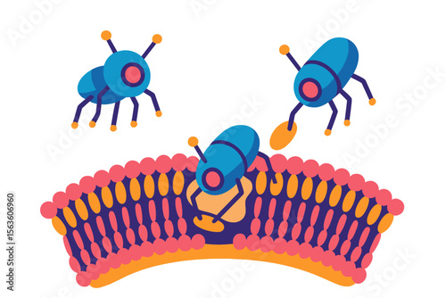 Robotic bees interacting with cell membrane in vibrant scientific illustration
