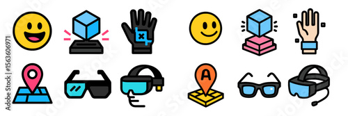Various icons representing technology, virtual reality, and user interaction in a colorful design