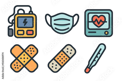 Medical equipment and supplies display with various items essential for healthcare settings and patient care activities