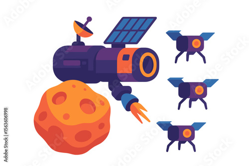 Space exploration mission with a spacecraft and rovers near an asteroid