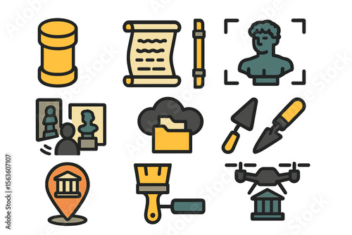Illustrative collection of icons representing heritage preservation and archaeology activities in a cultural context