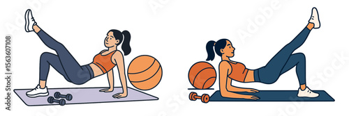 Digital illustration of a woman performing fitness exercises with a basketball and dumbbells in a gym setting