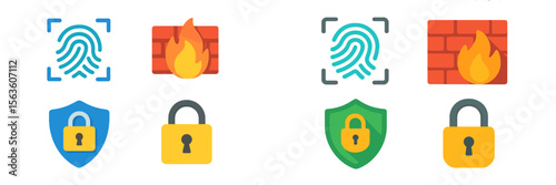 Colorful digital icons representing security concepts including fingerprint recognition and fire protection in a minimalist style