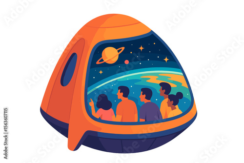 Visitors admiring the beauty of space from a futuristic spacecraft cabin at night