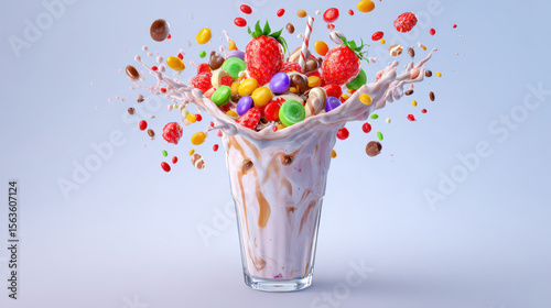 Milkshake splash frozen mid-air with fruit topping