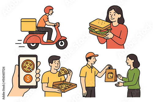 Delivery driver brings food to customers while they enjoy their meals in a bustling urban setting