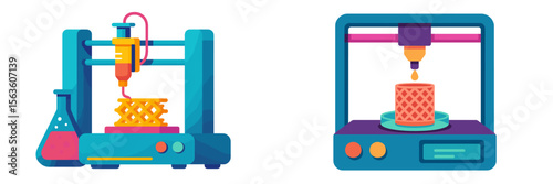 Modern 3D printers showcasing different designs and applications in a bright and colorful workshop environment