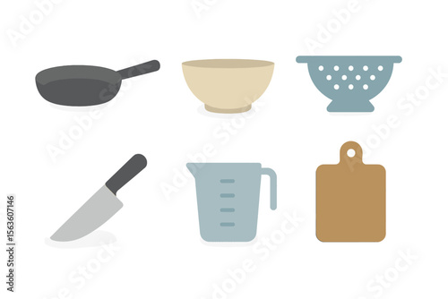 Cooking utensils and kitchen tools arranged on a white background showcasing essential items for meal preparation